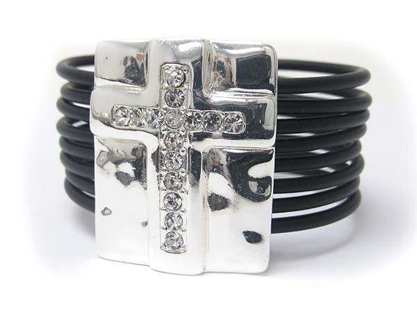 Crystal stud cross square top multi row cord link bracelet