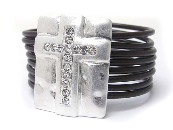 Crystal stud cross square top multi row cord link bracelet