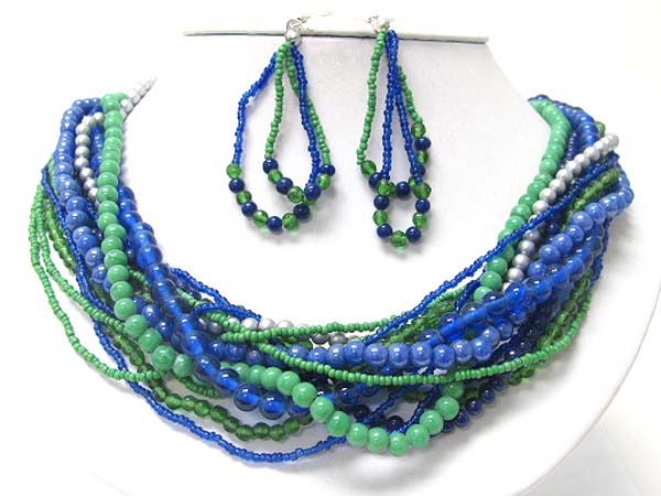 Multi row glass and acryl beads tangle necklace earring set