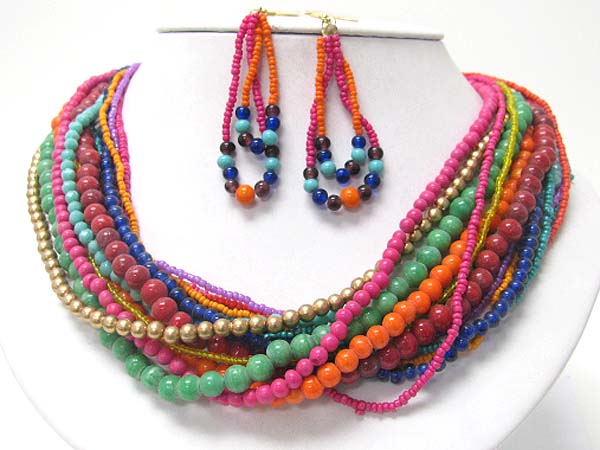 Multi row glass and acryl beads tangle necklace earring set