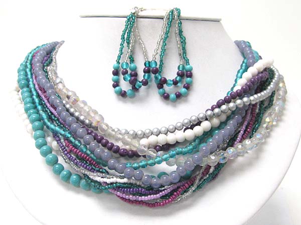 Multi row glass and acryl beads tangle necklace earring set