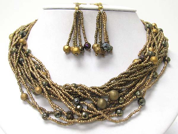 Multi row seed and acryl beads tangle necklace earring set