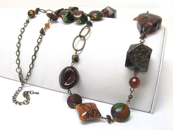 Mixed patina beads link long necklace earring set