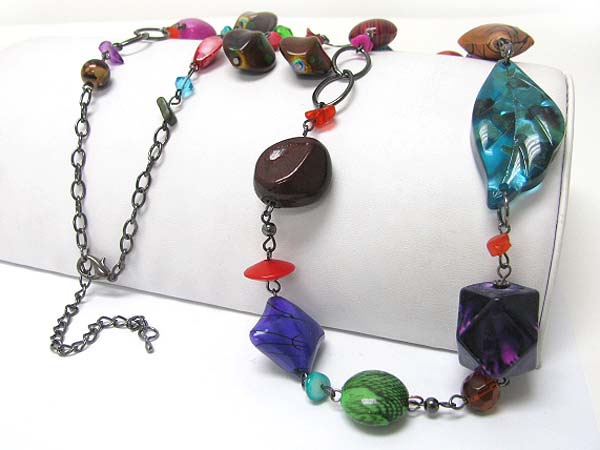 Mixed patina beads link long necklace earring set