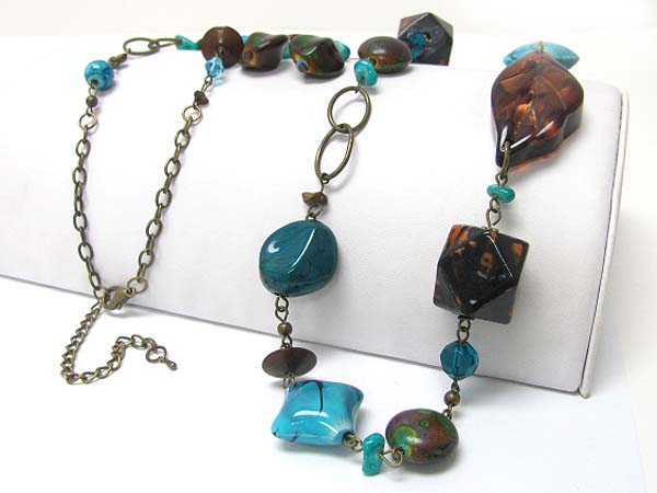 Mixed patina beads link long necklace earring set