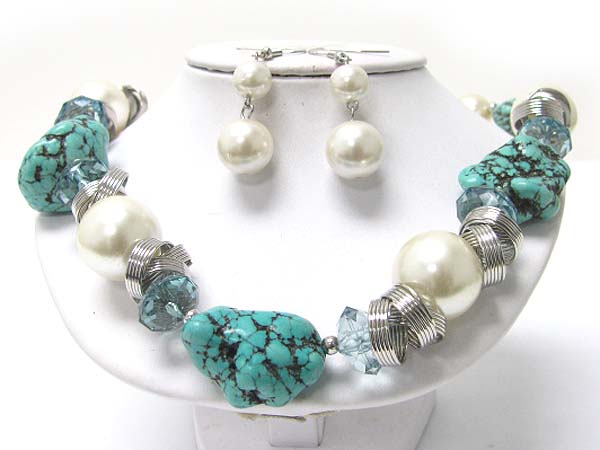 Chunky turquoise stone and pearl ball link necklace earring set