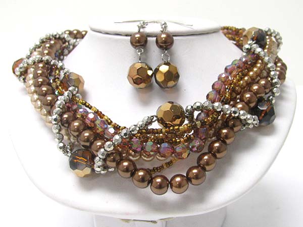 Multi strand pearl ball braided necklace earring set