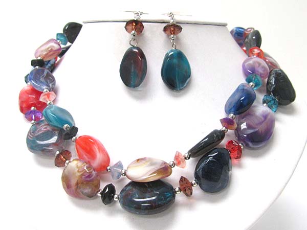 Double strand chunky smokey beads link necklace earring set