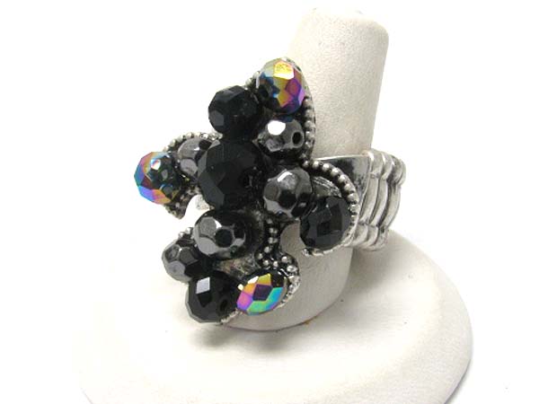 Crystal and facet glass beads fleur de lis stretch ring