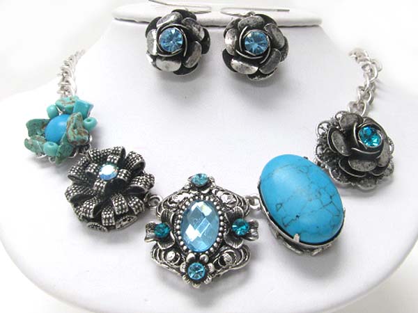 Natural stone and beads deco flower link necklace earring set?