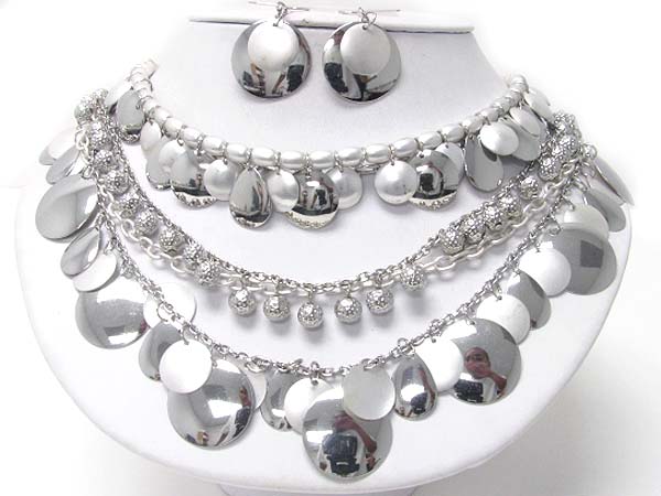 Multi layer metal disk and ball dangle neckalce earring set