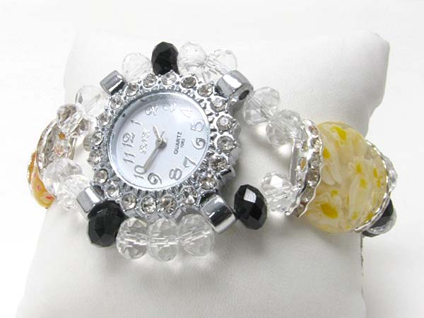 Facet glass beads deco stretch band crystal face watch