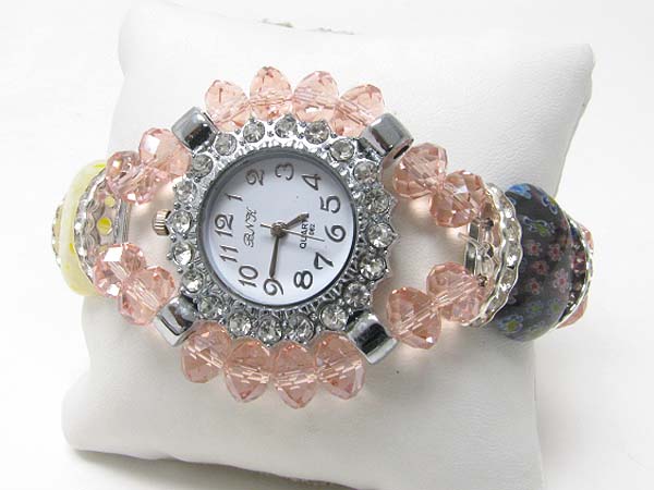 Facet glass beads deco stretch band crystal face watch