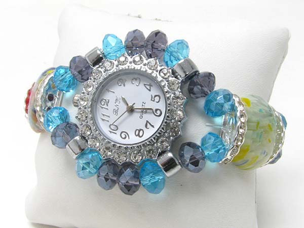 Facet glass beads deco stretch band crystal face watch