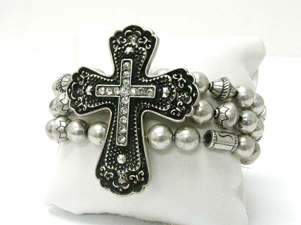 Crystal stud textured metal cross metal ball stretch bracelet