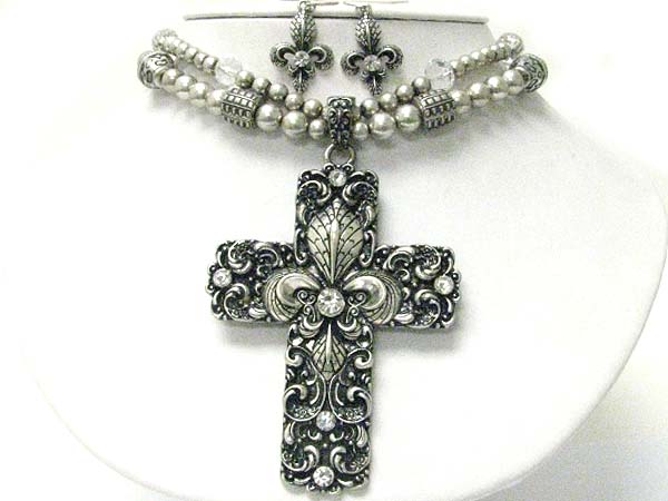 Crystal stud filigree metal cross pendant double row metal beads necklace earring set