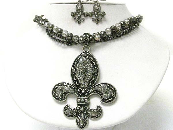 Crystal stud filigree metal fleur de lis pendant metal beads necklace earring set