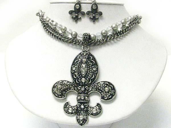 Crystal stud filigree metal fleur de lis pendant metal beads necklace earring set