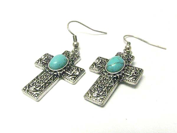 Turquoise stone mwtal filigree cross earring