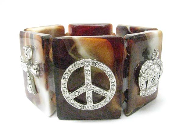 Crystal peace crown cross chunky patina beads stick stretch bracelet