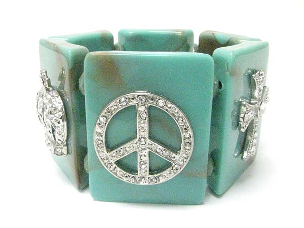 Crystal peace crown cross chunky patina beads stick stretch bracelet