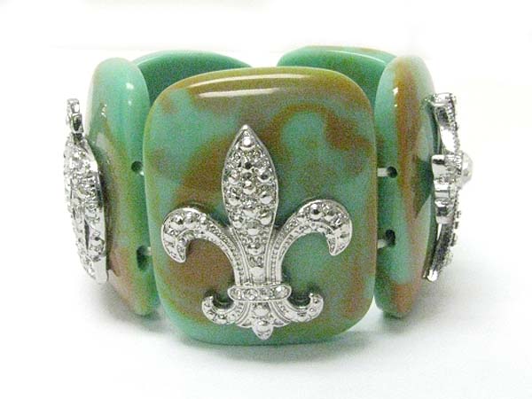 Crystal fleur de lis chunky patina beads stick stretch bracelet