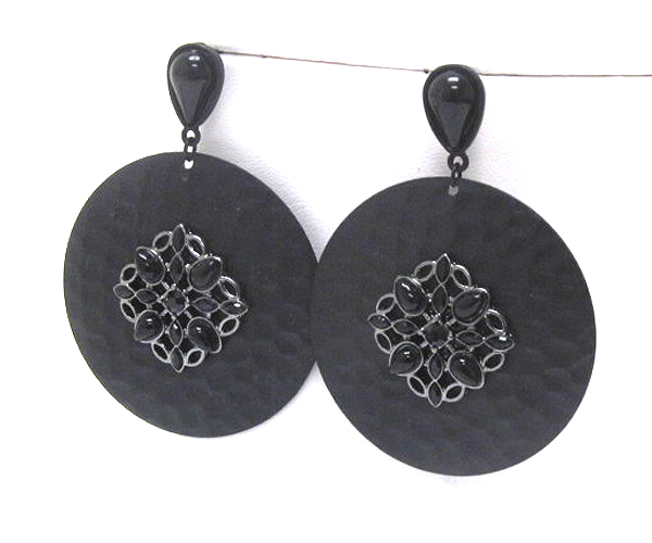 Crystal and acryl flower deco on large metal round earring