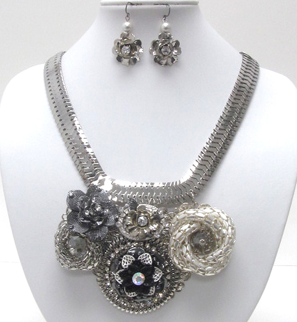 Crystal stud metal chain flowers bib necklace earring set