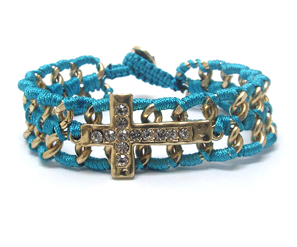 Crsytal cross and fabric wrap chain bracelet