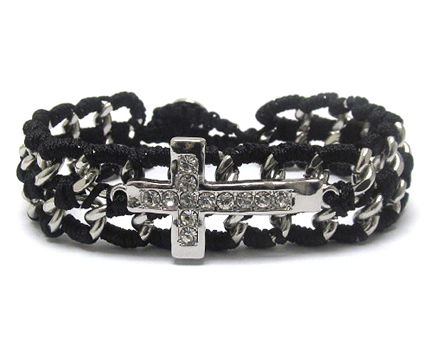 Crsytal cross and fabric wrap chain bracelet