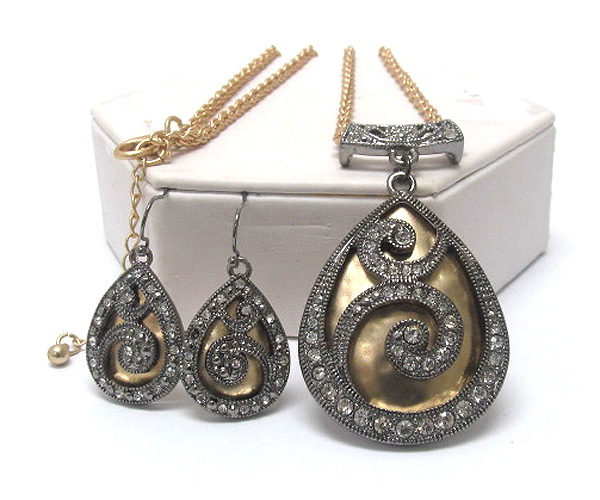 Crystal tear drop marcasite look filigree metal inside hammered metal drop chain necklace earring set