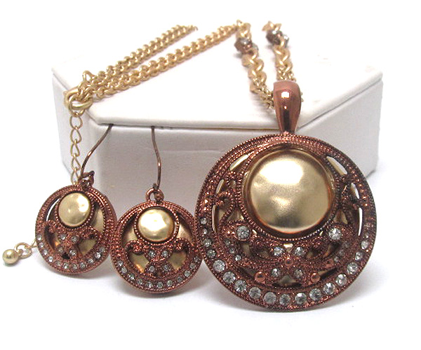 Crystal round marcasite look filigree metal inside hammered metal drop multi fashion necklace earring set