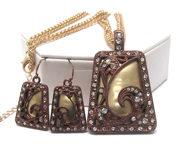 Crystal rectangle marcasite look filigree metal inside hammered metal drop multi chain necklace earring set