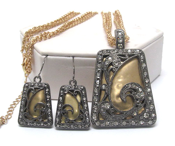 Crystal rectangle marcasite look filigree metal inside hammered metal drop multi chain necklace earring set