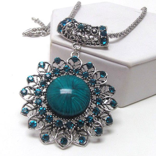 Crystal stud metal filigree flower drop necklace earring set