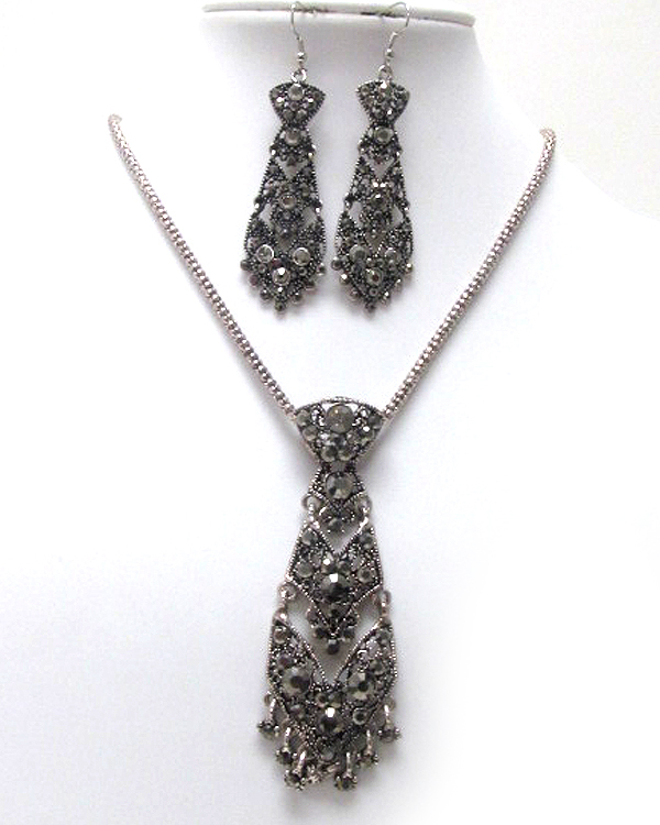 Crystal stud metal filigree necktie pendant necklace earring set