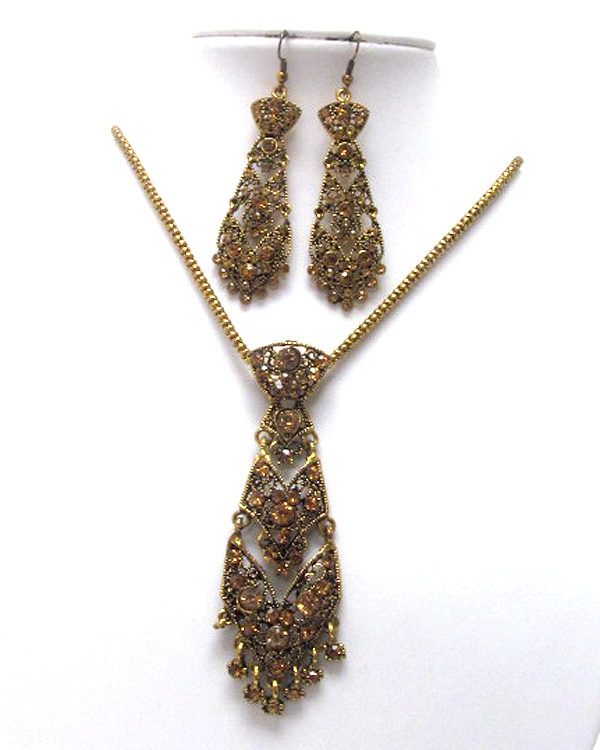 Crystal stud metal filigree necktie pendant necklace earring set