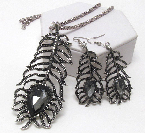 Crystal stud metal filigree feather necklace earring set