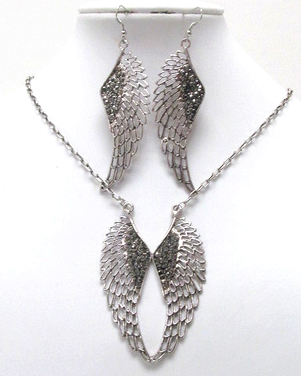 Crystal stud metal filigree angel wing necklace earring set