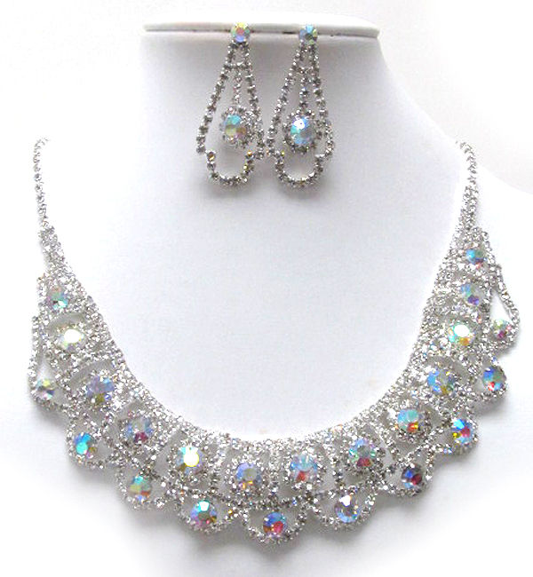 Multi rhinestone and crystal glass patern fashion bubbled bib style party neckalce earring set