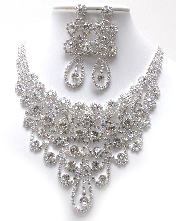 Multi rhinestonewith tear drop crystal glass bubbled v shape bib style party necklace earring set