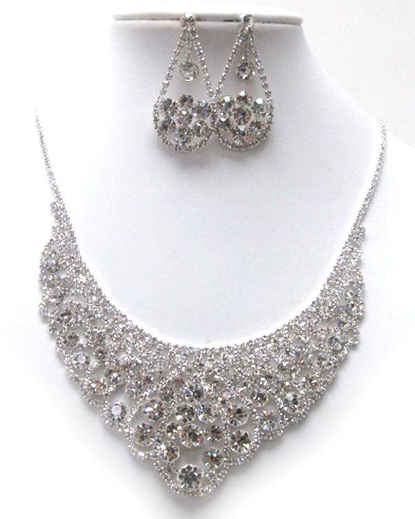 Multi rhinestone and crystal glass patern fashion bubbled bib style party neckalce earring set