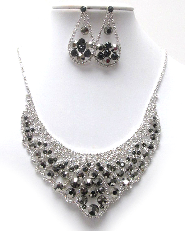 Multi rhinestone and crystal glass patern fashion bubbled bib style party neckalce earring set