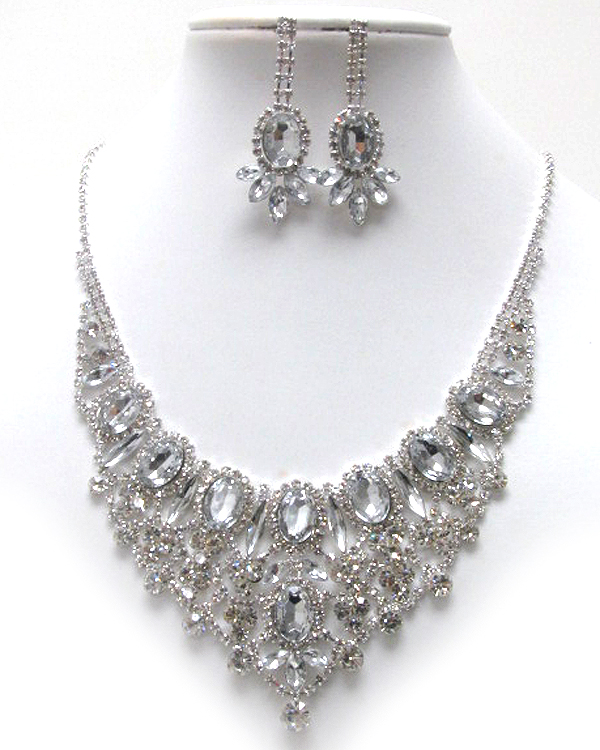 Multi rhinestone and oval with arrowhead crystal glass patern fashion bubbled v shape bib style party neckalce earring set