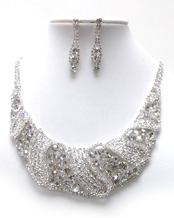 Multi rhinestone with crystal glass line textured fashion bubbled bib style party necklace earring set