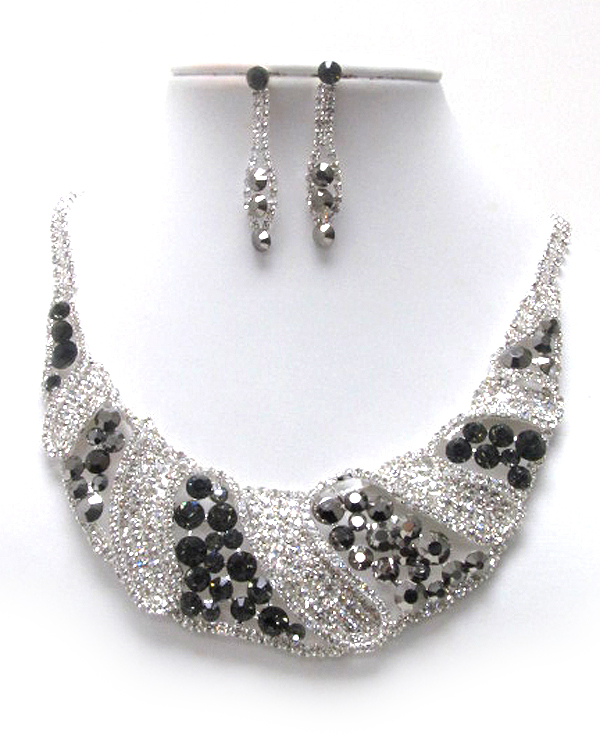 Multi rhinestone with crystal glass line textured fashion bubbled bib style party necklace earring set