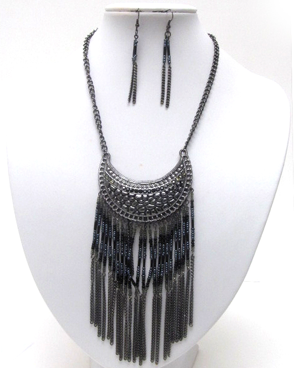 Tribe style seed beads deco multi  metal chain long drop necklace earring set