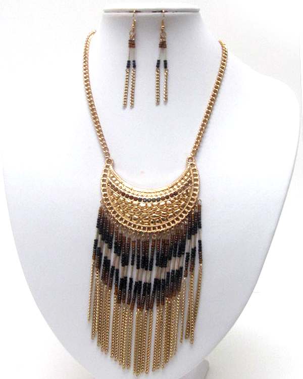 Tribe style seed beads deco multi  metal chain long drop necklace earring set