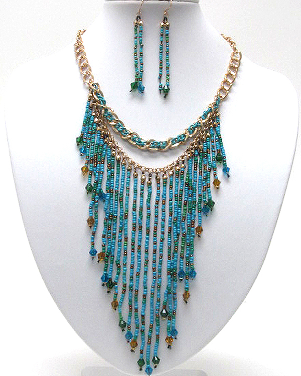 Tribal style mixed glass seed beads long drop necklace earring set