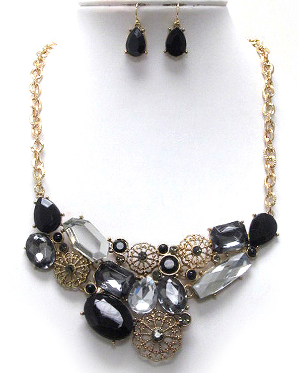 Crystal and facet acrylic stone cocktail small bib necklace earring set